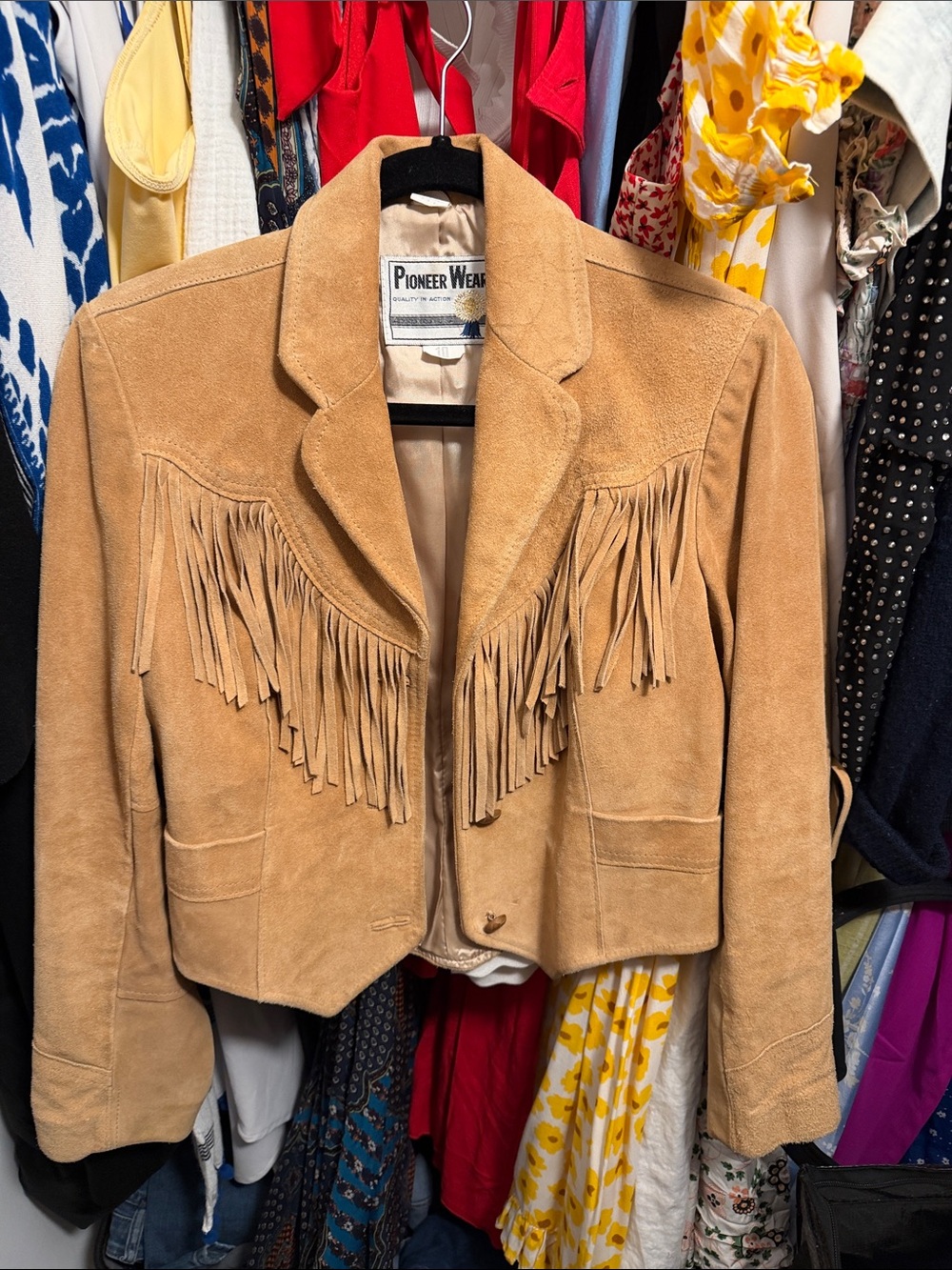 PIONEER Wear Vintage Women's Tan 100% Suede Leather Fringe boho western Jacket